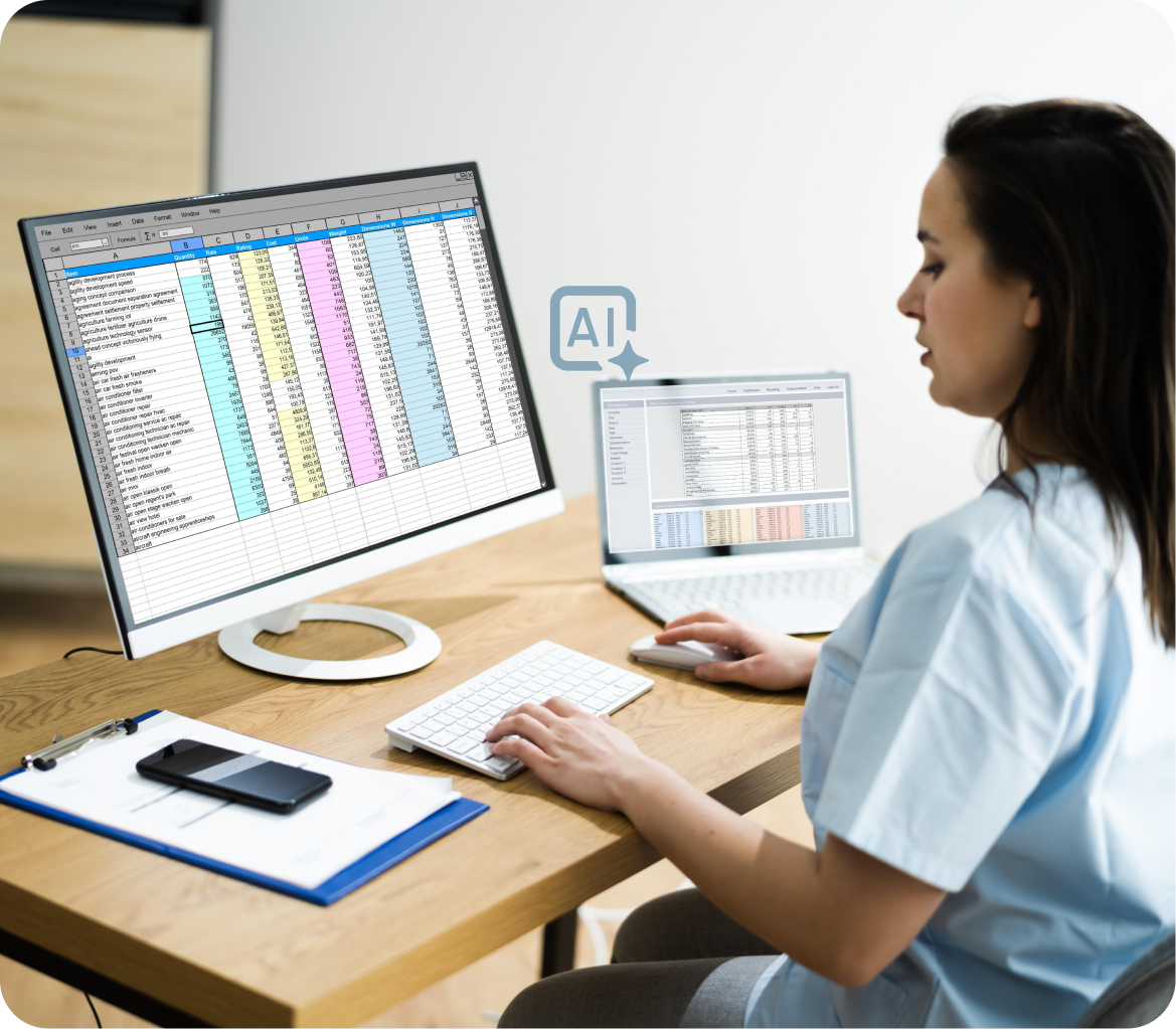 AI-assisted healthcare professional reviewing structured patient data and records on desktop and laptop systems.