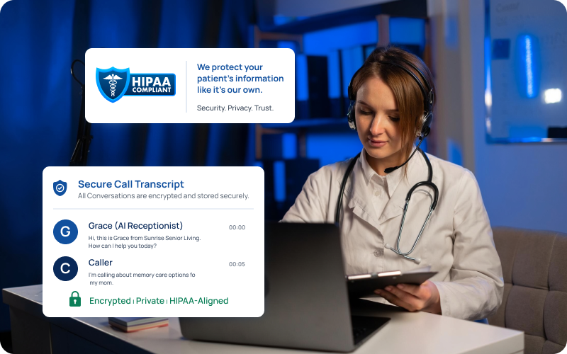 HIPAA-aligned secure handling of caller data and encrypted transcripts inside the eCare Voice platform