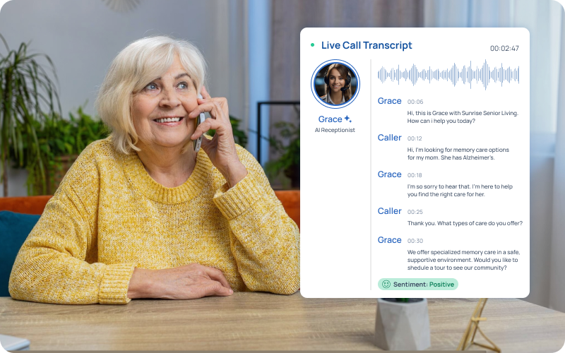 eCare Voice holding a warm, natural conversation with a family caller about memory care