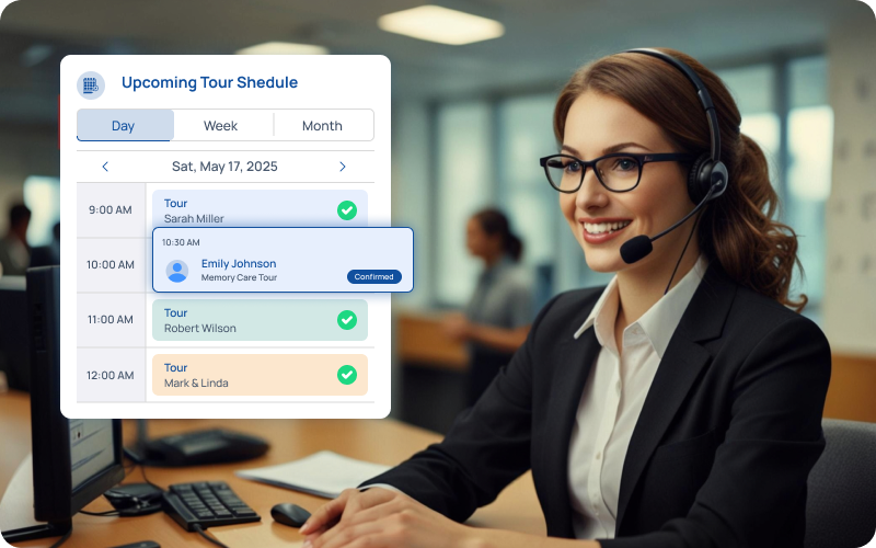eCare Voice scheduling a community tour live on a phone call and writing it into the calendar