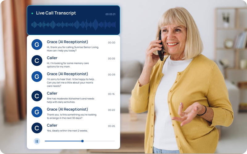 eCare Voice qualifying a family caller — capturing care needs, urgency, insurance, and tour interest