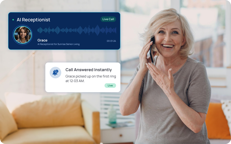 eCare Voice AI receptionist answering an after-hours inbound call to a senior care community — 24/7 availability