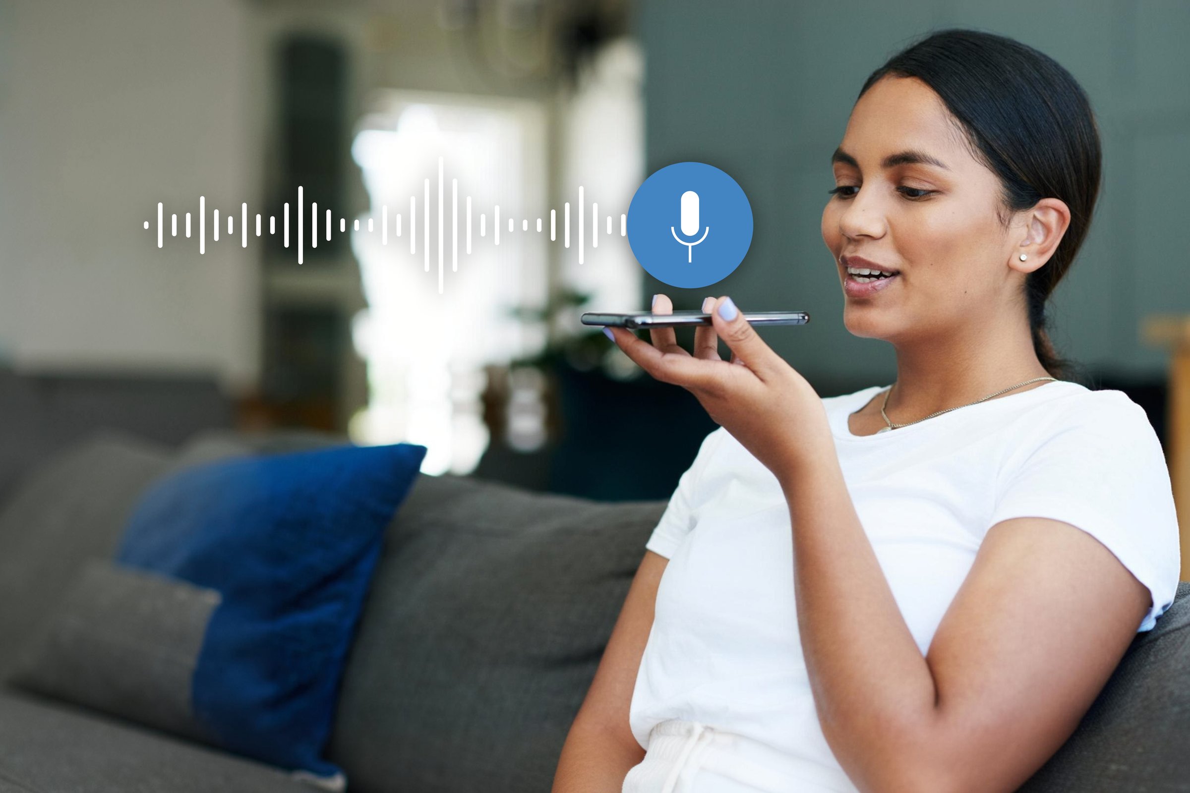 A senior holding a mobile phone in a calm conversation with the eCare Voice AI receptionist — voice waveform and microphone overlay show the AI handling the inbound call